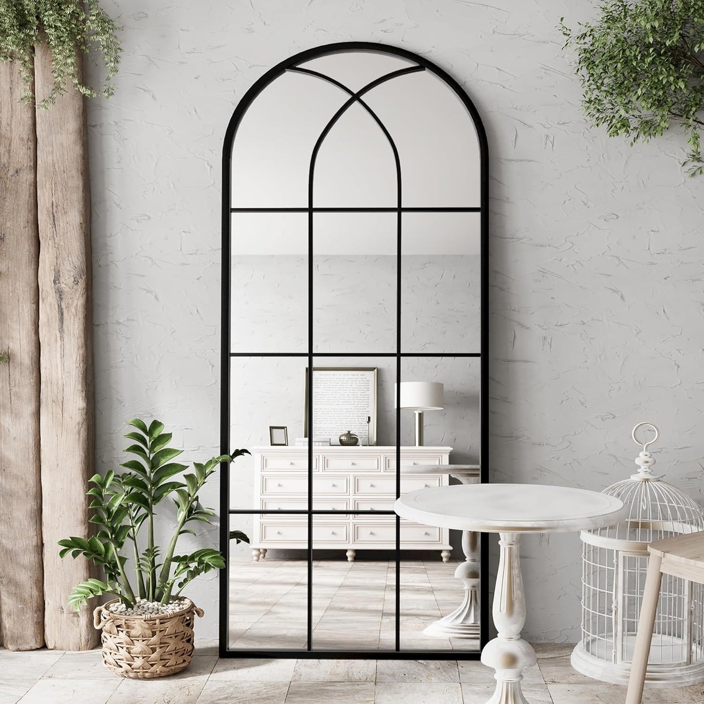Mirror Full Length, 71"x32" Large Arched Mirror, Black Full Body Window Pane Mirrors, Oversize Farmhouse Standing Wall Mirrors Hanging or Leaning for Living Room, Entryway, No Stand