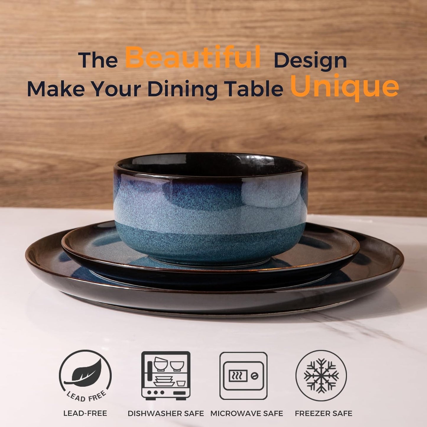 LeRatio Ceramic Dinnerware Sets for 4,Porcelain Plates and Bowls Sets,Handmade Reactive Glaze Dishes Set,Chip Resistant and Scratch Resistant | Oven&Dishwasher & Microwave Safe,Service for 4-Blue