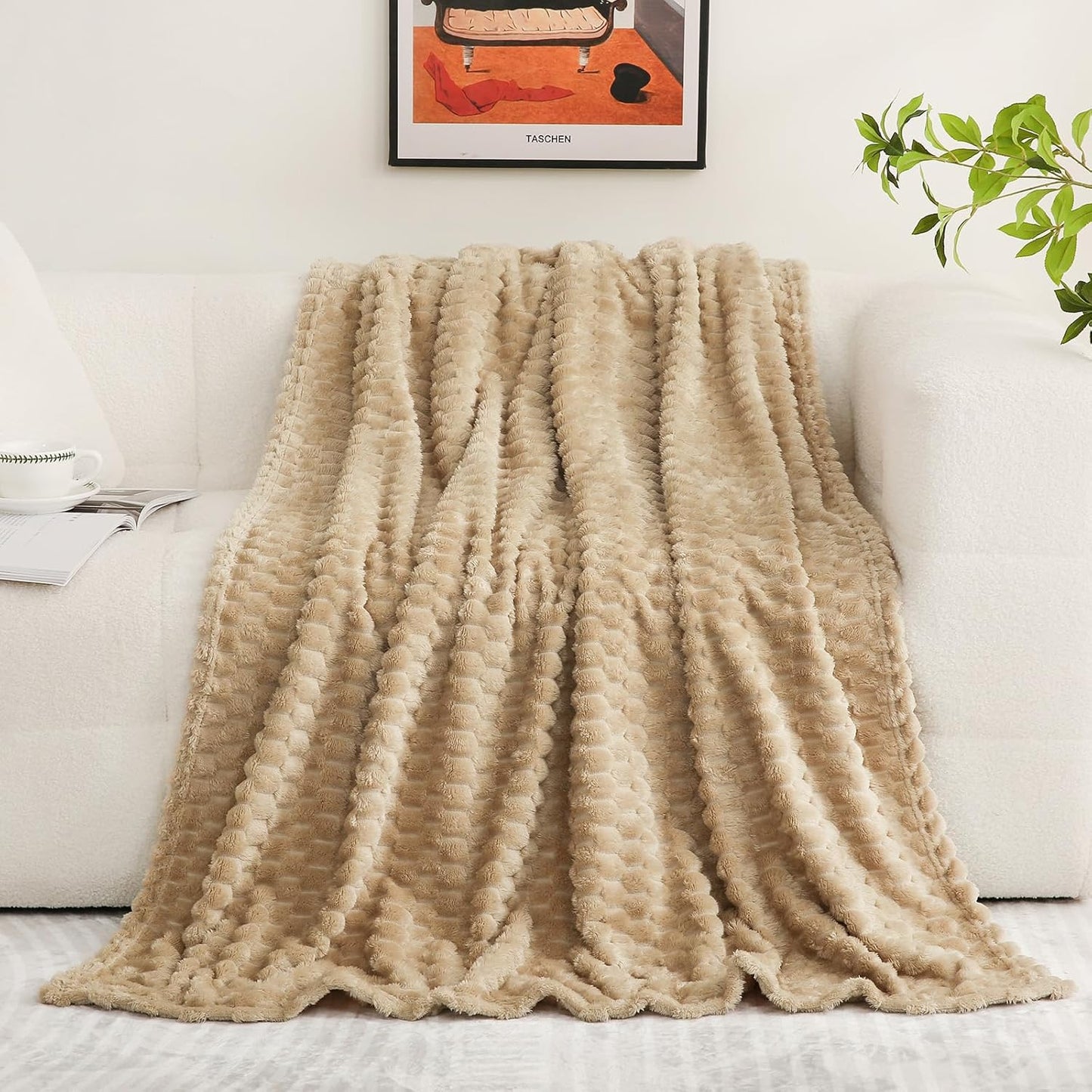 Beige Throw Blanket 50"×60" inches Fuzzy 3D Jacquard Decorative Flannel Fleece Super Soft Plush Cozy Blanket for Couch Sofa Chair Lightweight,Khaki