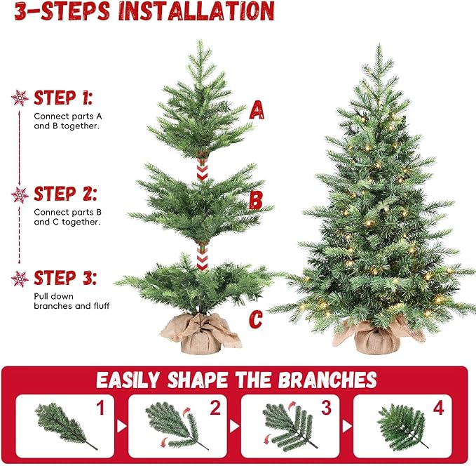 3ft Pre-lit Small Christmas Tree Artificial Nordic Spruce Mini Table Top Christmas Tree with 70 LED Lights 315 PE & PVC Mixed Branches Tips Burlap Wrapped Base Xmas Tree for Home Office Decor