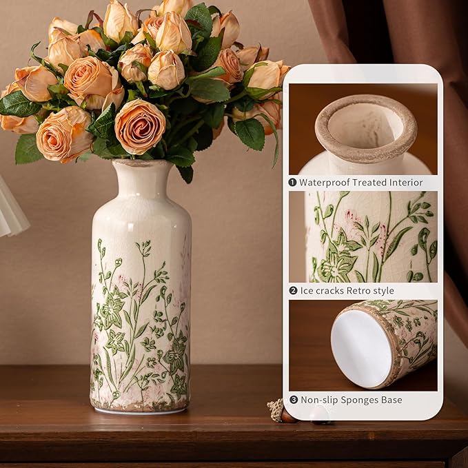 Set of 3 Ceramic Vase, Vintage Pink Floral Beige Vases, Rustic French Country Farmhouse Decorative Vases for Home Decor, Living Room, Mesa de Centro para Sala, Mantel, Kitchen,Table, Shelf Decor