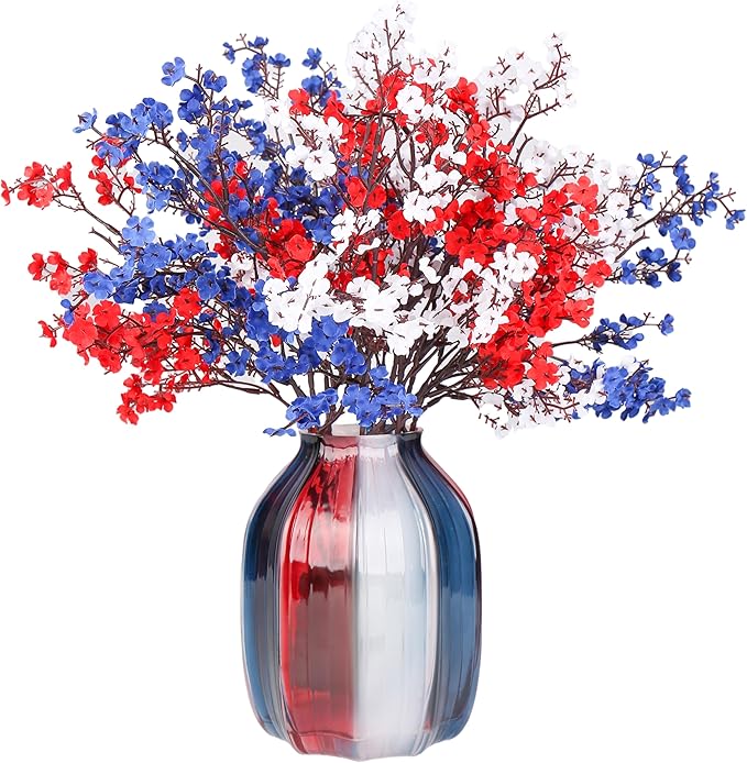 4th of July Red White and Blue Decorations Flowers 6 Bundle Artificial Babys Breath Fake Silk Patriotic Flowers for Independence Day Americana Home Decor Floral Indoor Arrangement Table Centerpieces
