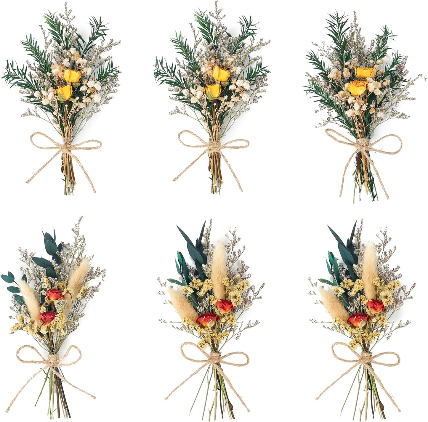 Mini Dried Rose Bouquet (6pcs), Natural Dried Flower Bouquet, Dried Pampas Grass, Groom & Best Man Corsages, Dried Cake Flowers, Gift Box Filled with Dried Flowers, Wedding Accompaniments.(Red)