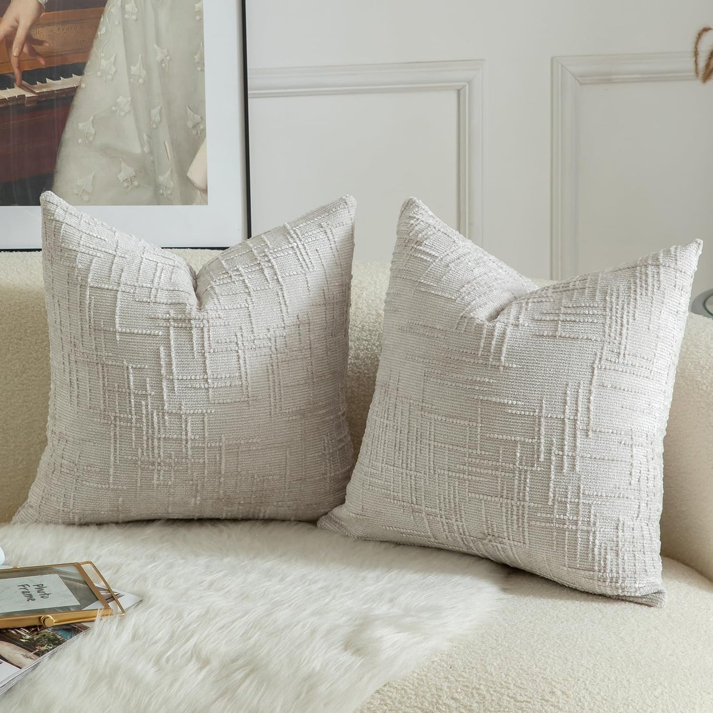 MANDIOO Pack of 2 Soft Chenille Textured Throw Pillow Covers Square Accent Solid Decorative Cushion Cover Cozy Farmhouse Pillow Case for Couch Sofa Bed Living Room 24x24 Inch Pearl Gray