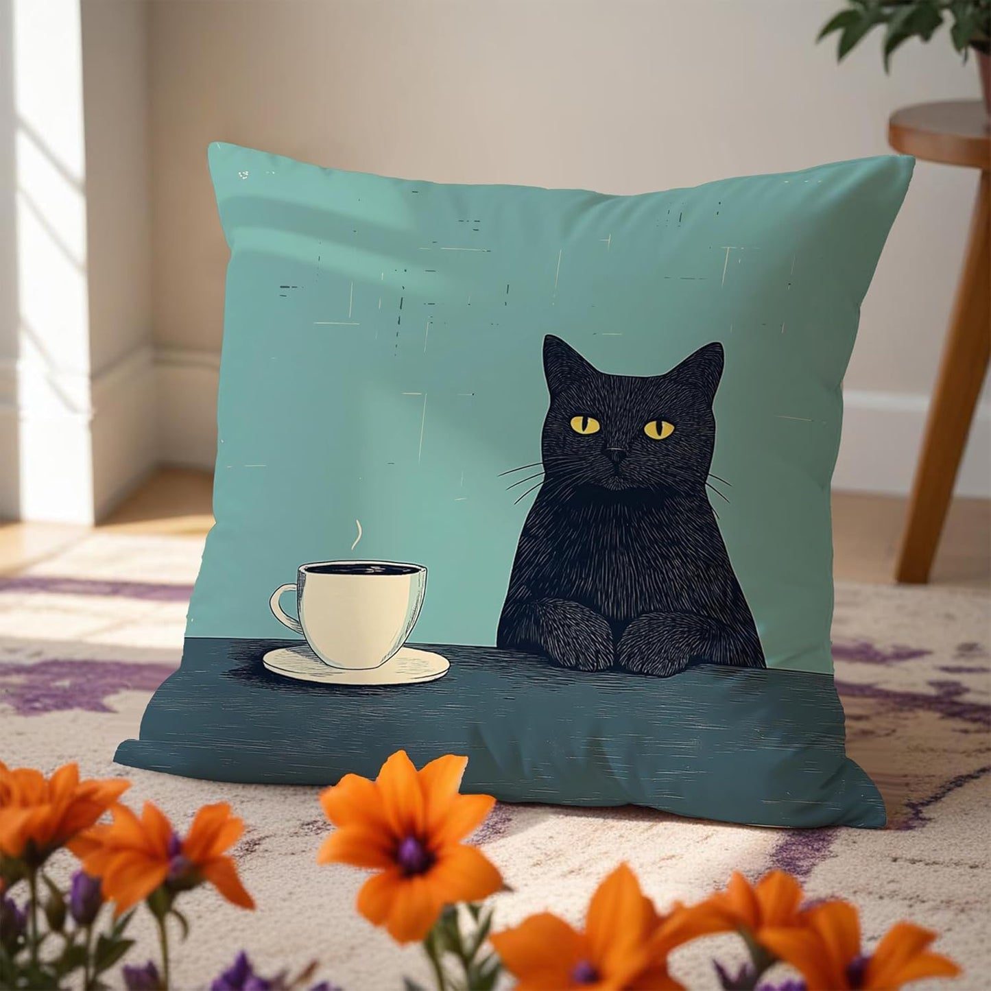 Black Cat Pillow Covers 18x18，Cat Lovers Mom Grandma Gifts for Mother's Day, Black Cats with a Cup Pillow Covers for Home Bedroom Living Room Office Decor
