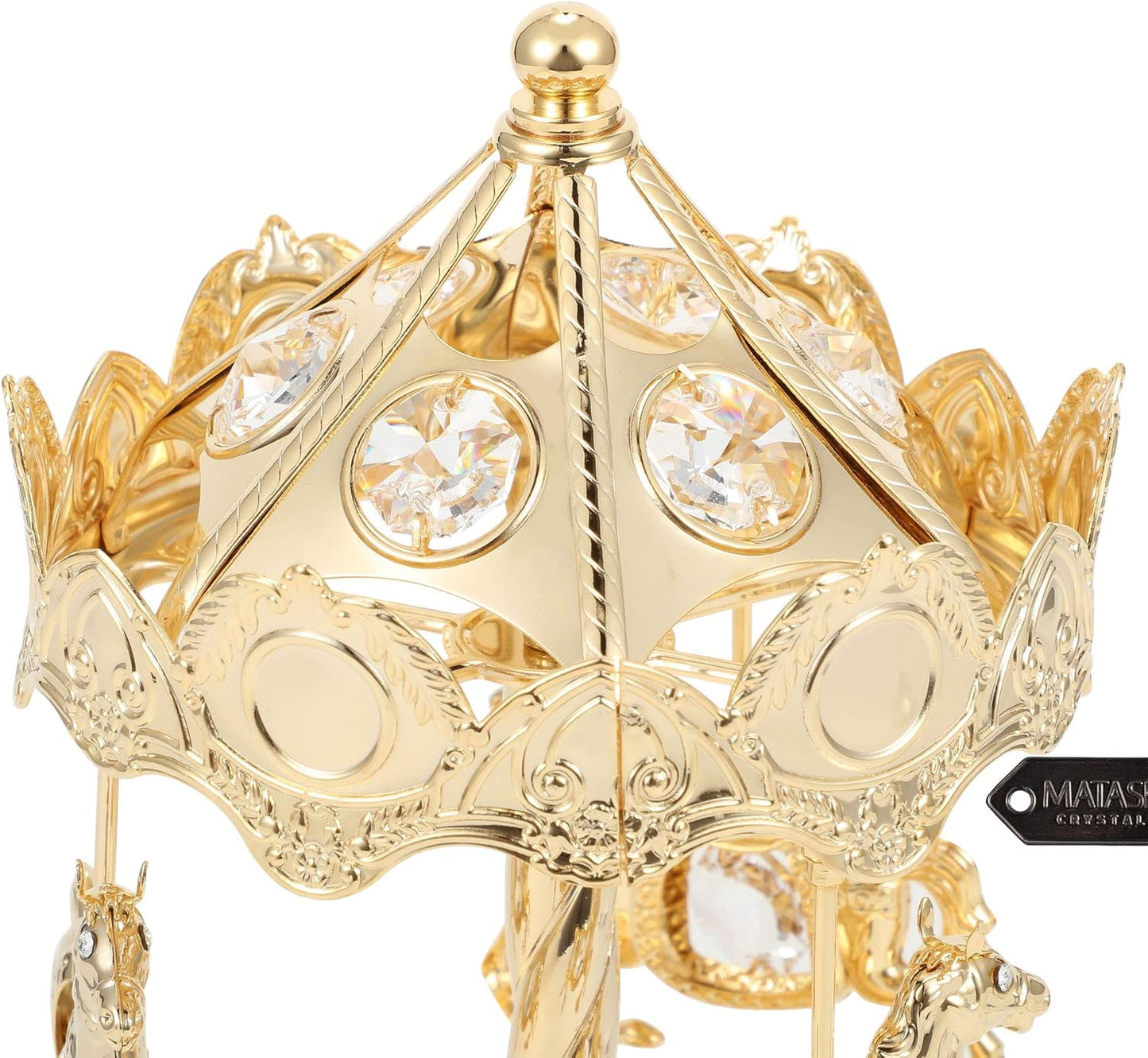 Matashi Tabletop Crystal Studded Music Box Carousel with Horses Figurine, Home Decorative Showpiece Ornament (24k Gold Plated) Gift for Birthday Mother's Day Valentine's Day Anniversary