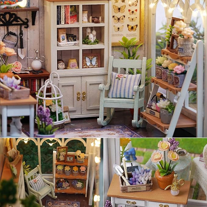 TuKIIE DIY Miniature Dollhouse Kit with Furniture, 1:24 Scale Creative Room Wooden Doll House Plus Dust Proof & Music Movement for Kids Teens Adults(Sunshine Greenhouse)