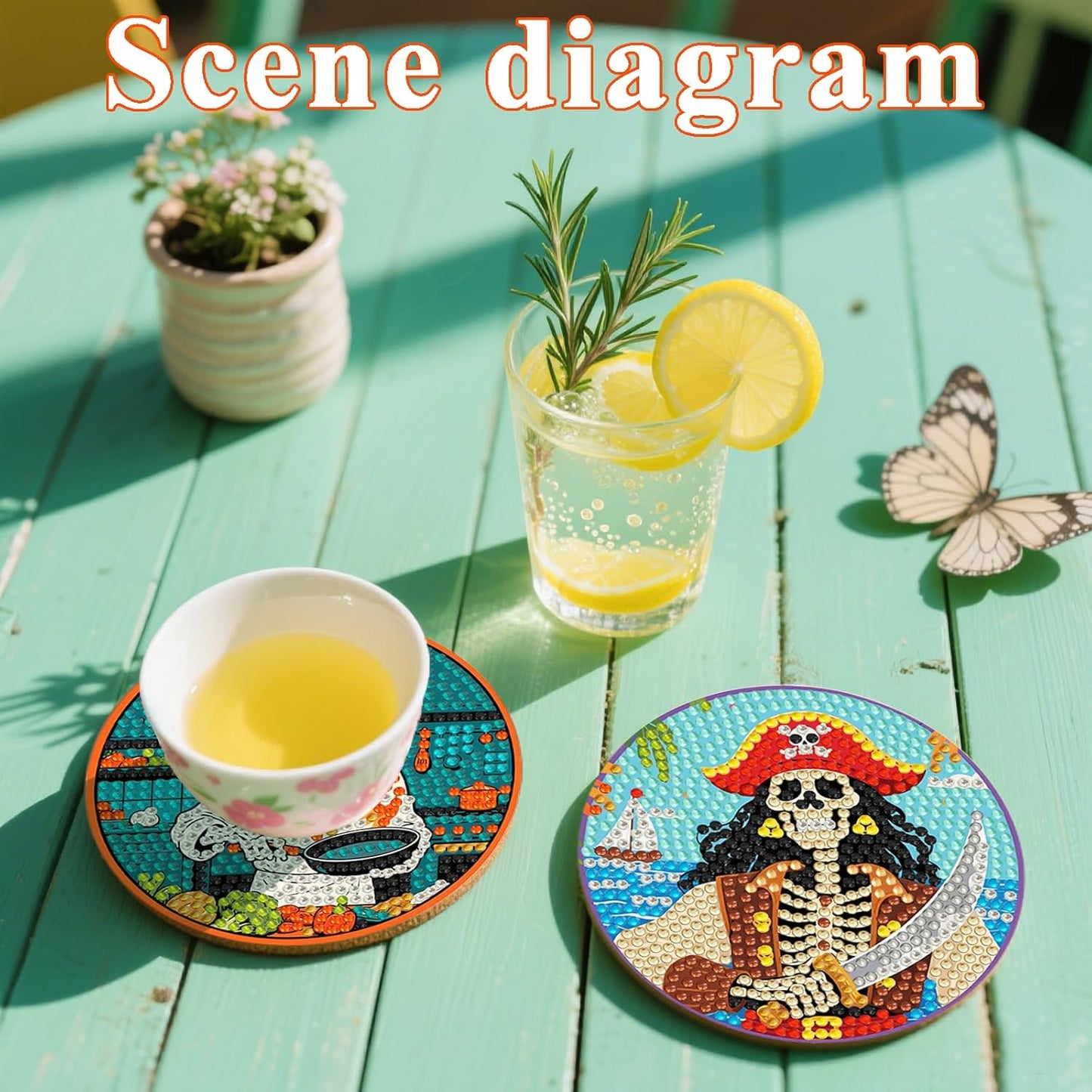 DOTSOPS Skull Diamond Painting Coaster with Holder 5D Diamond Art Kits for Adults Round Full Drill Beginners Gem Dots Craft Arts Supplies Party Home Decor 8pcs