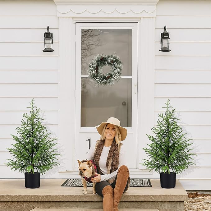 2 Pack 3FT Artificial Topiary Tree Real Touch Norfolk Pine Tree, UV Resistant Artificial Pine Outdoor Plants for Front Porch Decor, Fake Greenery Outdoor Plants Realistic Faux Indoor Tree