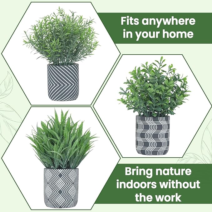 3 Pack Small Fake Plants, Fake Grass Plant, Artificial Boxwood & Rosemary with Geometric Pattern Cement Pots, Small Potted Faux Greenery for Home Decor, Bathroom, Office, Farmhouse Decoration