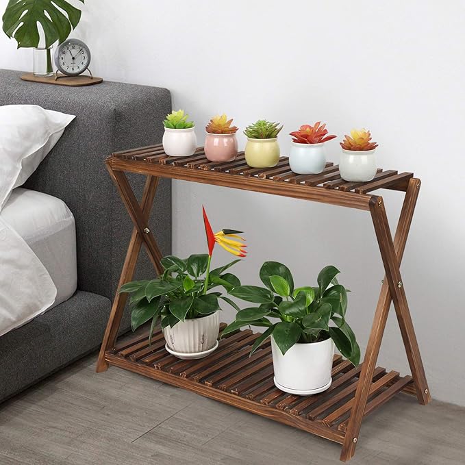 Wood Plant Stand Indoor Outdoor 2 Tiers Flower Stand Corner Stepped Planter Shelf Rack Flowerpot Holder for Plant Display in Patio Balcony Entryway Porch Livingroom (Classic X-Cross Design)