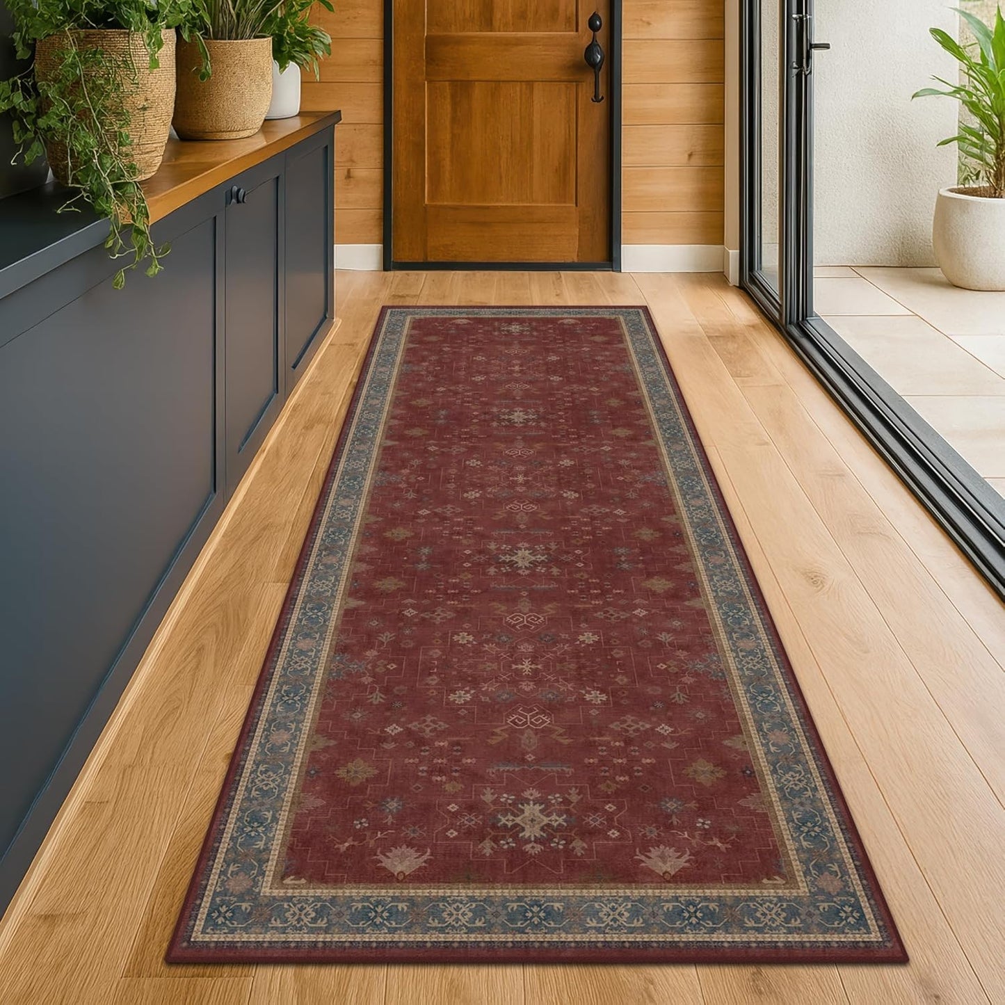 Dark Red 2'6''x10' Wide Hallway Runner Rug - 10ft Long Washable Non Slip Indoor Door Mats for Entryway, Low Pile & Soft Boho Geometric Floral Pattern Burgundy Area Rug