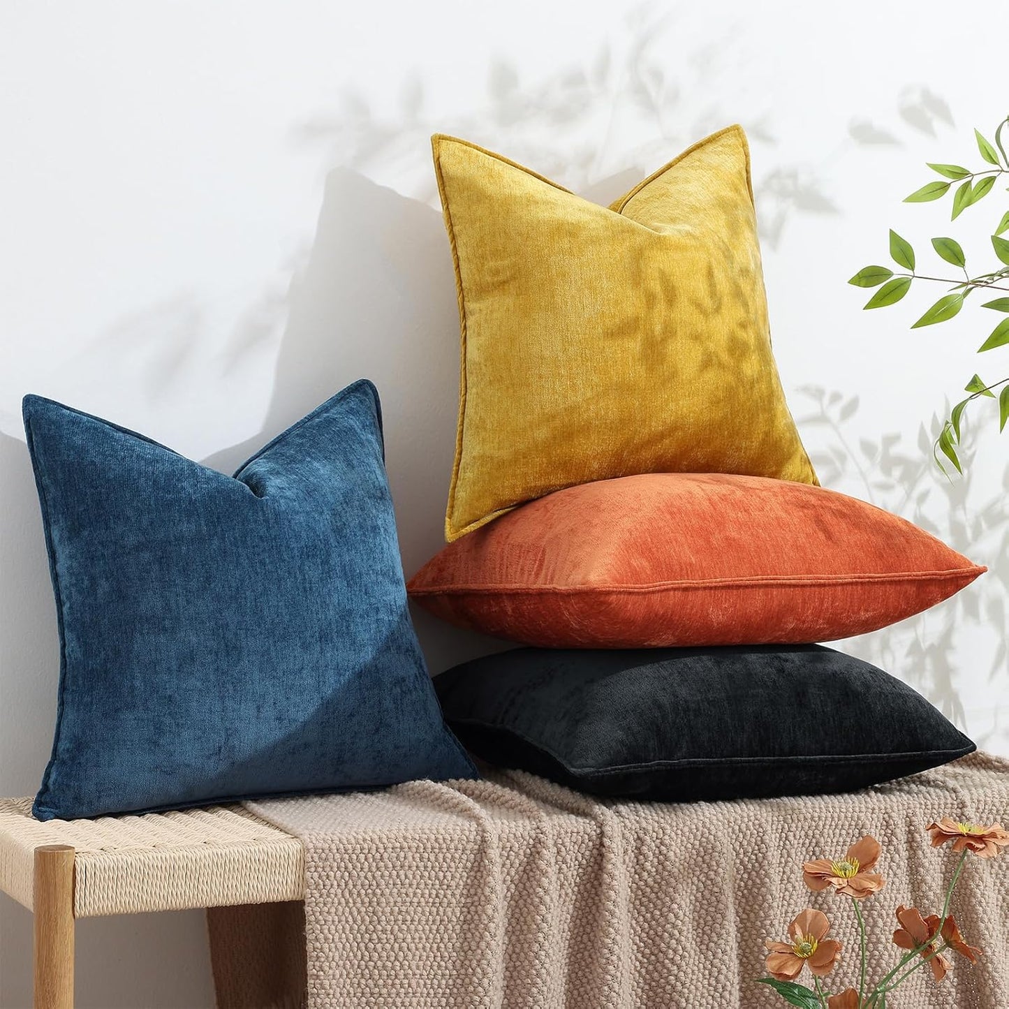 decorUhome Fall Couch Throw Pillow Covers 24x24 Set of 2, Decorative Soft Euro Neutral Chenille Pillow Covers with Elegant Design for Sofa Bed Living Room Home Decor, Rust