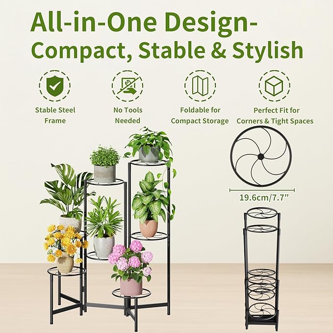 Corner Shelf Patio 7 Tier Metal Plant Stand Indoor Outdoor Tall Metal Flower Pot Stands for Multiple Plants Heavy Duty Plant Shelf Black Kite