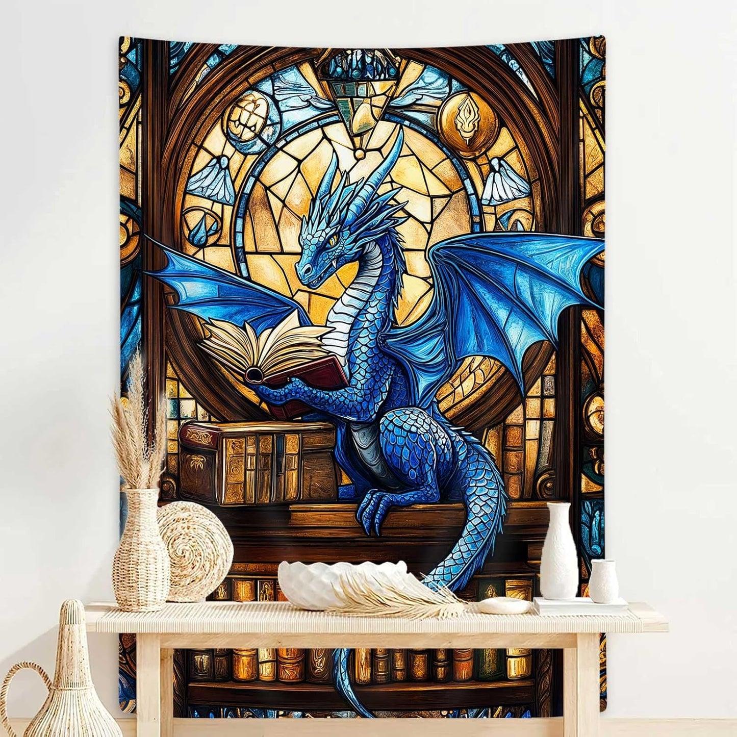 DYNH Blue Book Dragon Art Tapestry,Vintage Medieval Dragon Reading Books Wall Decor,Bookshelf Stained-glass Window Wall Hanging for Classroom Home Bedroom Living Room,60X80Inches