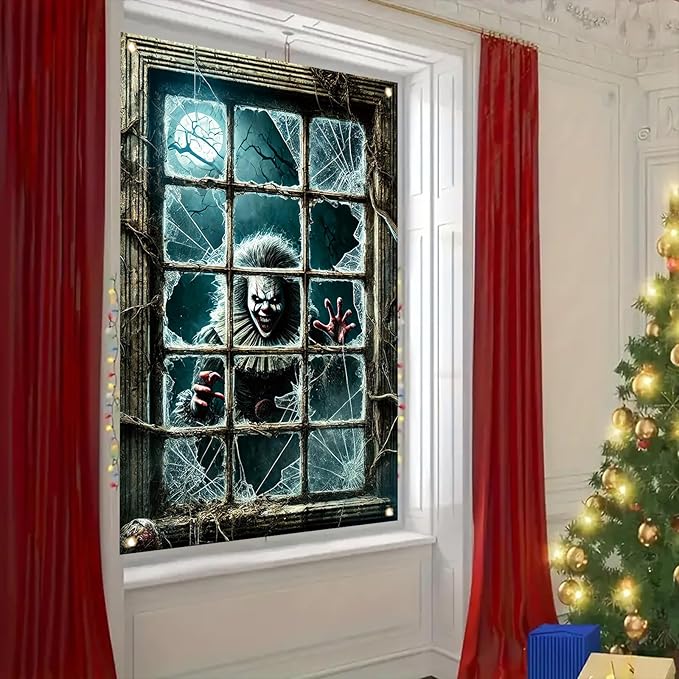 47x31 Inch Halloween Spooky Clown Window Cover Decoration Creepy Clown Horror Backdrop with Broken Glass Spooky Window Poster for Haunted House Outdoor Party Scary Theme Yard Decor