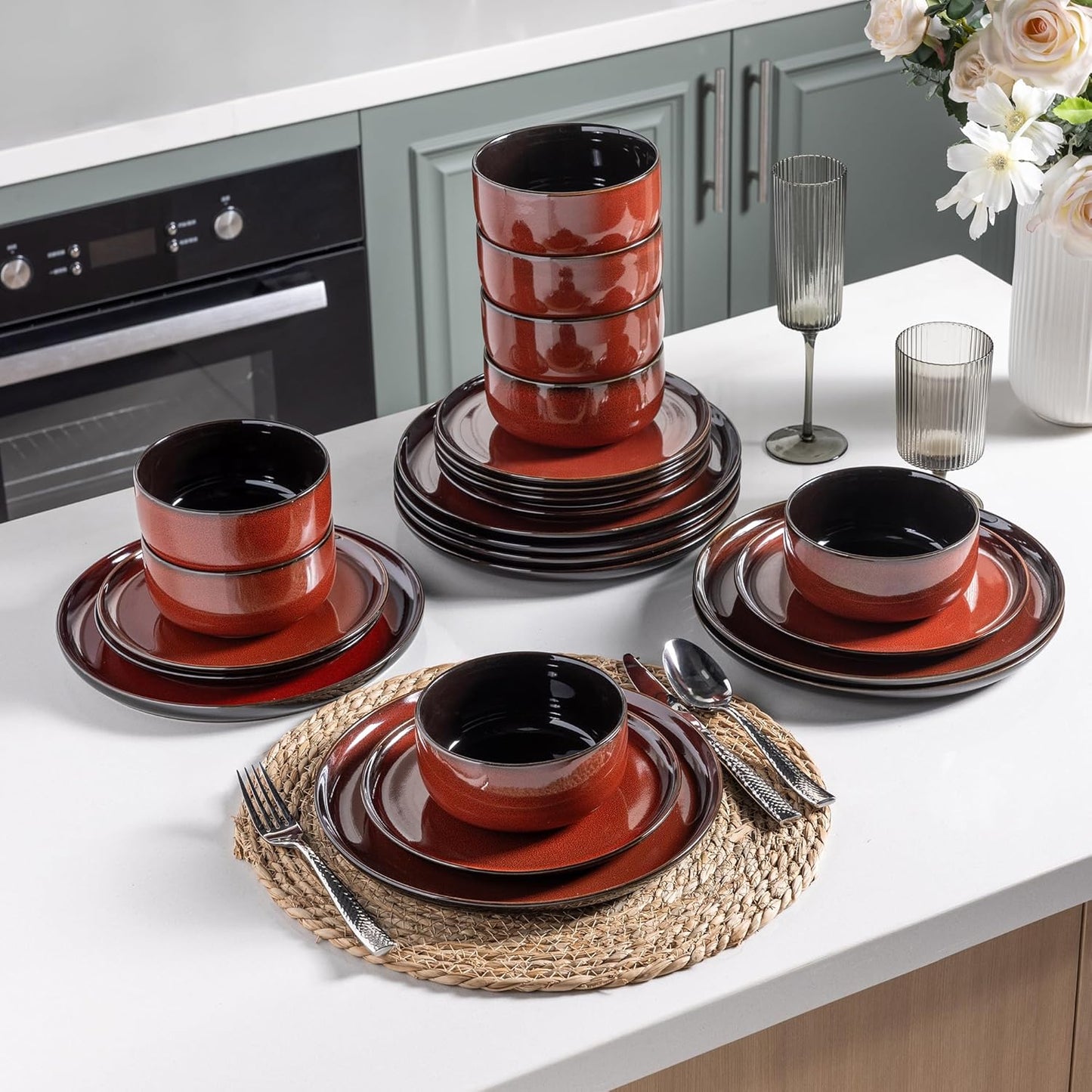 LERATIO Ceramic Dinnerware Sets for 8,Plates and Bowls Sets,Handmade Reactive Glaze Dishes Set,Highly Chip and Crack Resistant | Dishwasher & Microwave & Oven Safe Dishes set,Service for 8-Red(24pc)