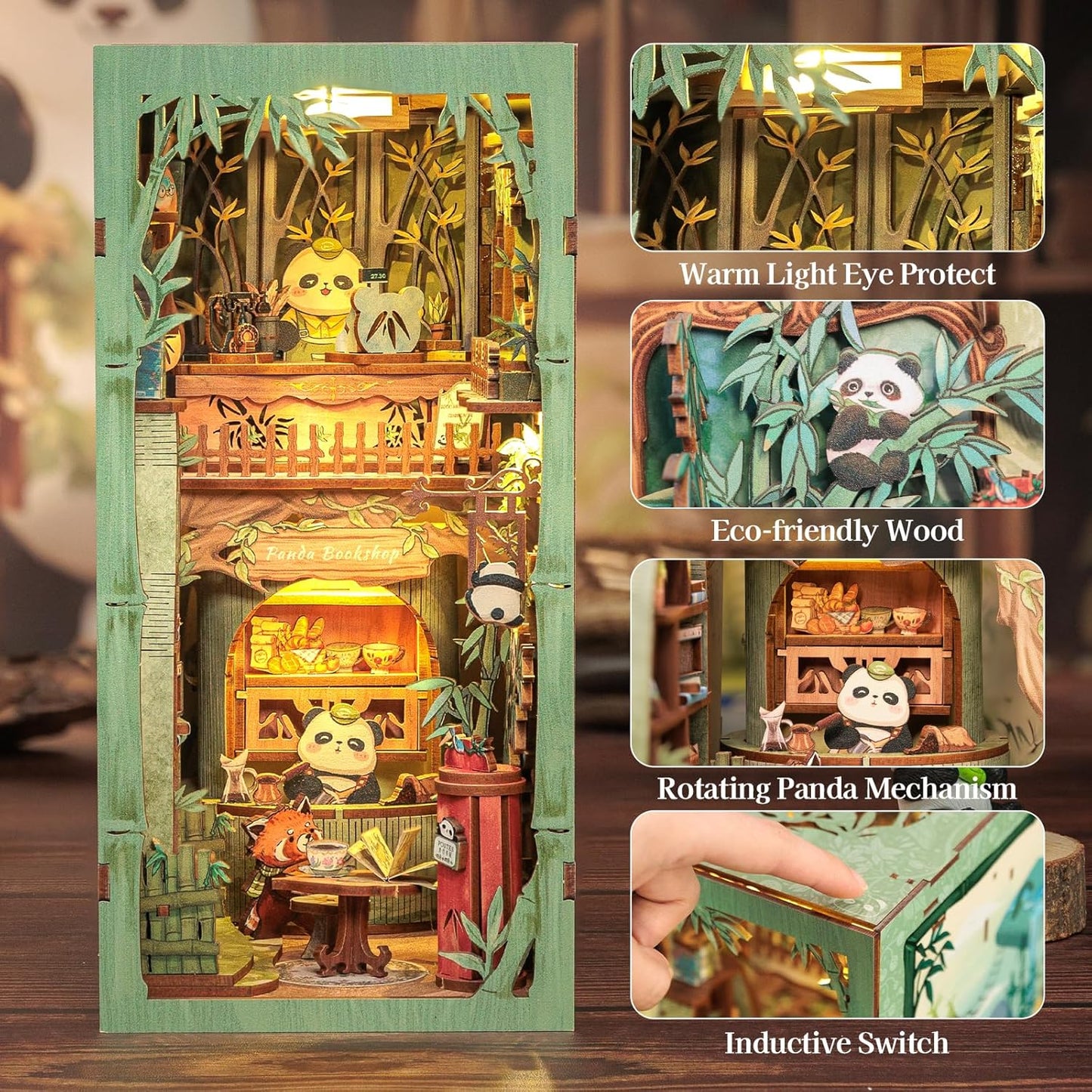 Fsolis Book Nook Kits, DIY Miniature House Kit 3D Wooden Puzzles for Adults Bookshelf Decor Decorative Bookend Gifts for Women Teenagers Book Lovers（Panda Bookshop）