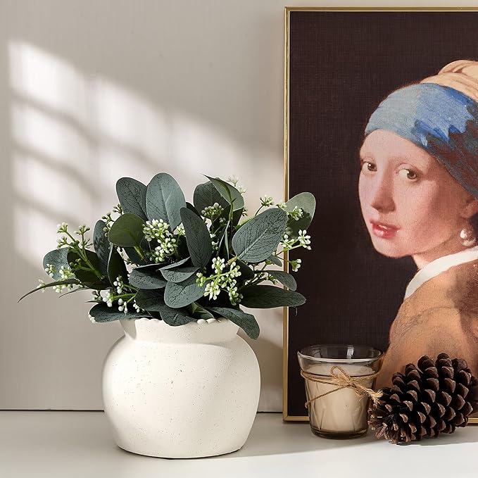 SIDUCAL Ceramic Flower Vase with Wide Mouth Lace, 4.8 Inch Pottery Rustic Farmhouse Boho Vases, Small Terracotta Vase for Home Decor, Table, Living Room, Bathroom, Shelf, Wedding, White