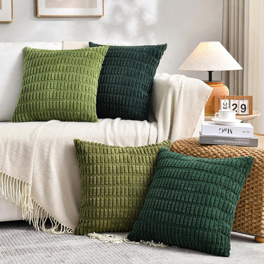 Fancy Homi Set of 4 Green Winter Decorative Throw Pillow Covers 14x14 Inch for Couch Bed Chair, Aesthetic Rustic Boho Room Decor, Soft Fuzzy Double Sided Thick Corduroy Textured Cushion Case 35cm