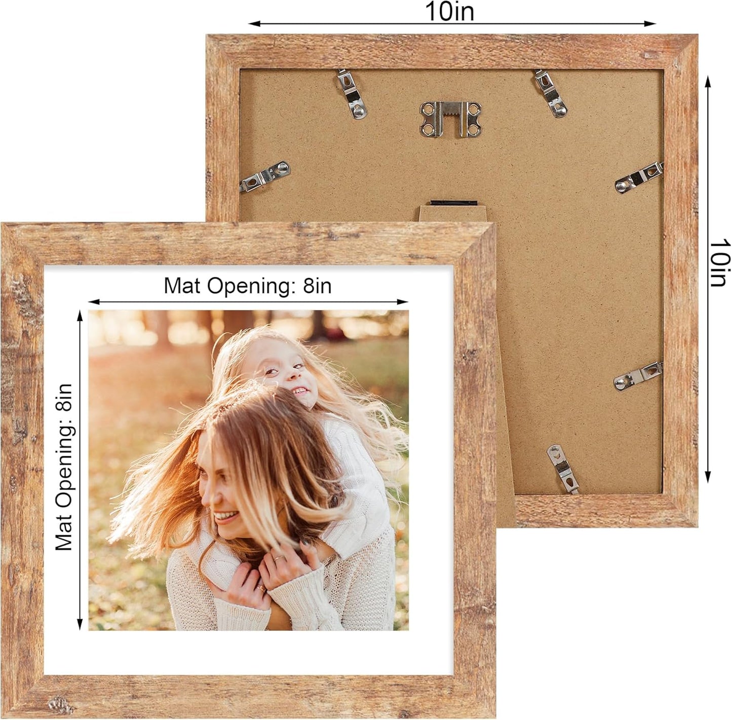 iRahmen 10x10 Picture Frame Set of 4 with Real Glass, Rustic Brown Frames Display 8x8 Picture with Mat or 10 x 10 Without Mat, Wooden Square Photo Frame for Wall Mount and Tabletop Display