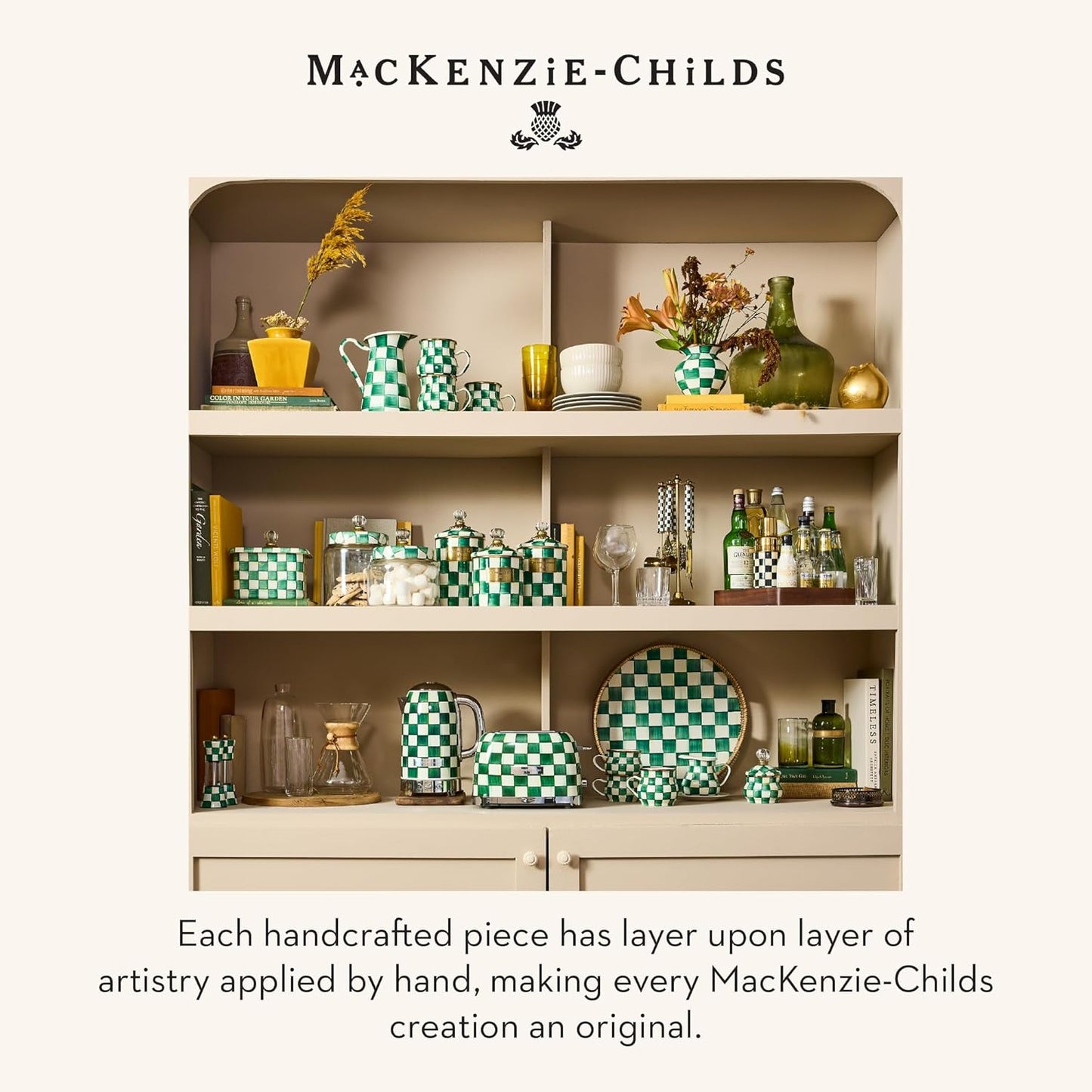 MACKENZIE-CHILDS Enamel Teacup, Unique Coffee and Tea Mug, Enamel Cup for Hot Tea, Green-and-White Emerald Check