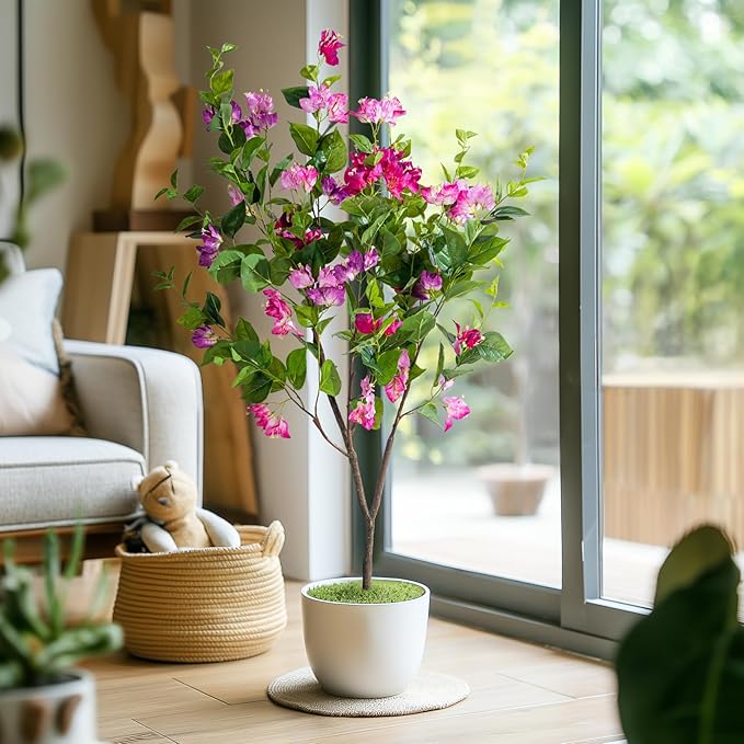 4FT Artificial Bougainvillea Tree Artificial Tree Tall Potted Fake Bougainvillea Trees for Outdoor Indoor Lifelike Potted Faux Plants with Wood Trunk and Flowers Office Wedding Home Decor