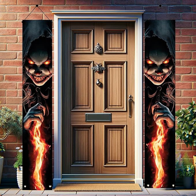 2PCS Halloween Porch Banner Scary Evil Clown Vertical Hanging Decorations for Front Door Outdoor Haunted House Door Sign Spooky Party Wall Decor Trick or Treat Entrance Backdrop 71 x 12 Inch