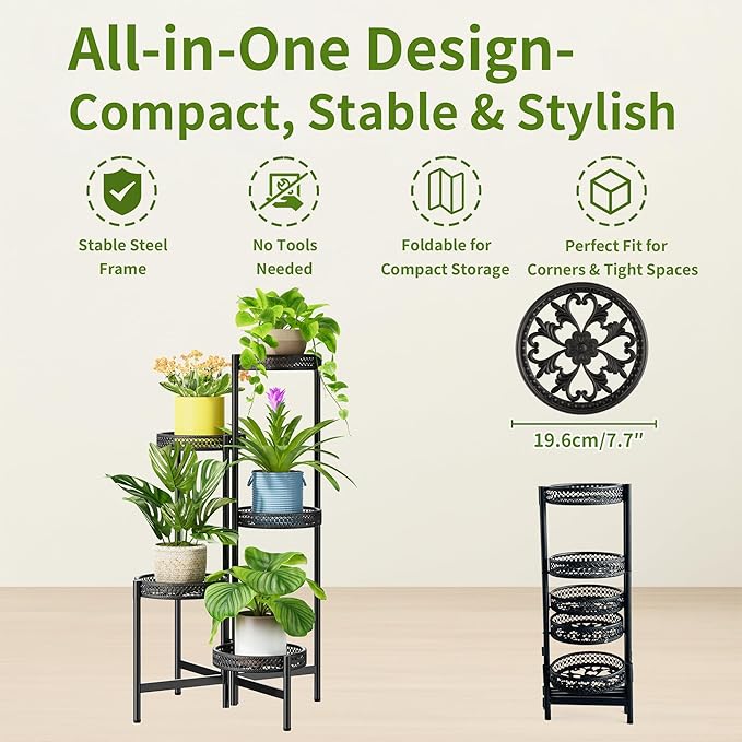 Plant Stand Indoor Outdoor, 5 Tier Corner Metal Flower Display Holder Shelf, Folding Tall Rack for Patio Balcony Porch Garden Living Room House, Heavy Duty Wrought Iron Plant Shelf- BlackWave