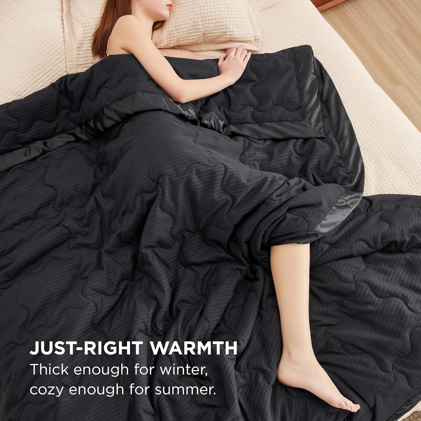 Bedsure Lightweight Blanket for Summer Queen Size - Down Alternative Blanket with Satin Trim for Bed, Light Summer Throw Black, 90x90 Inches