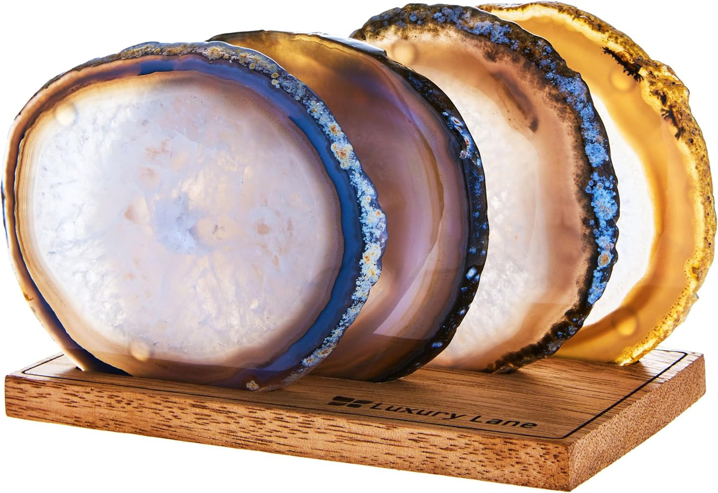 Luxury Lane Set of 4 Large Natural Brazilian Agate Slice Geode Rock Stone Drink Coasters with Wood Holder 4.3-4.7 inch Centerpiece Table Decoration, Ash Gray