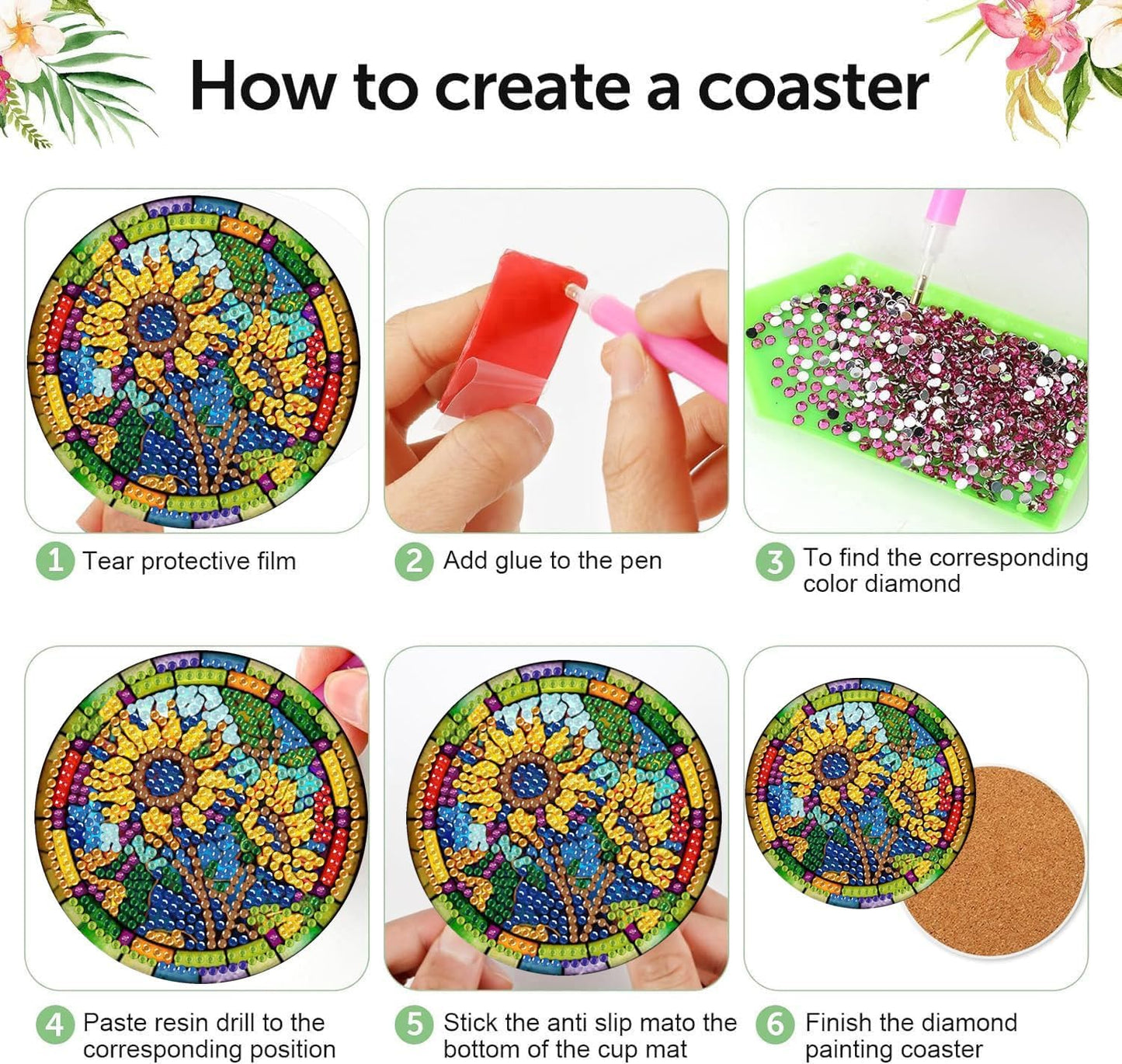 Meothan 8 Pcs Diamond Art Coasters Kits for Adults with Holder Cork Pads, Stained Glass Flowers Diamond Dots Art Painting Coasters Crafts Kit for Home Office Decor (4x4in)