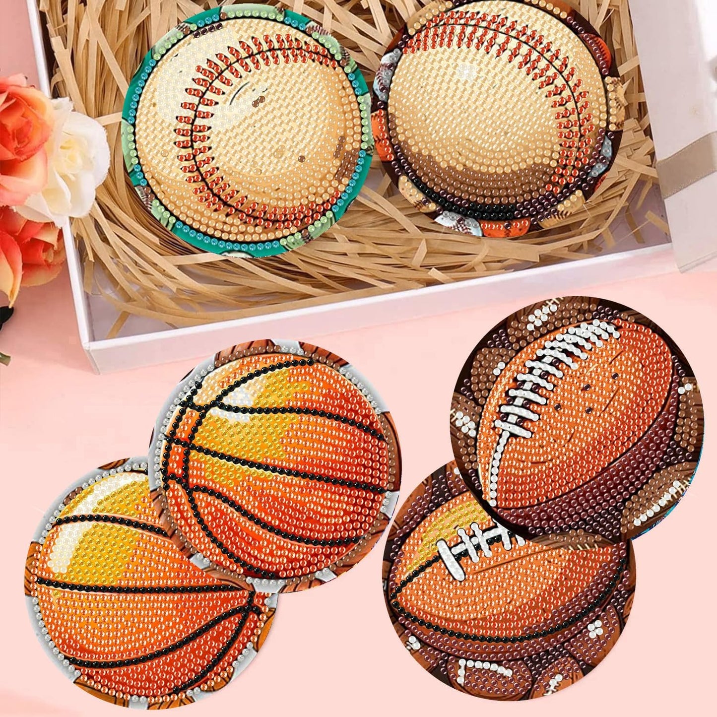 Meothan 8 Pcs Football Diamond Art Coasters Kits for Adults with Holder Cork Pads, Basketball Baseball Rugby Diamond Dots Art Painting Coasters Crafts Kit for Home Office Decor (4x4in)