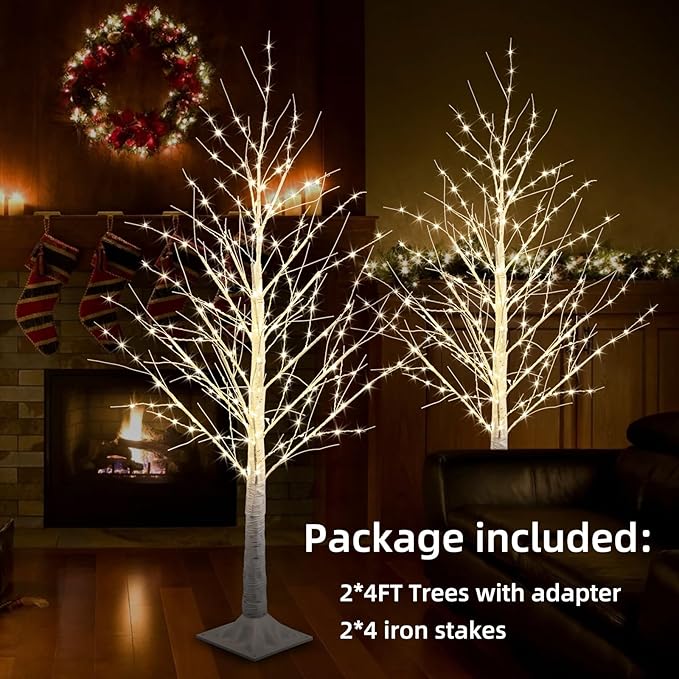 2pack 4FT 240 LED Christmas Birch Tree Warm White Lights with Twinkle Lights, LED Lighted Birch Tree for Indoor Outdoor Christmas Tree Decorations