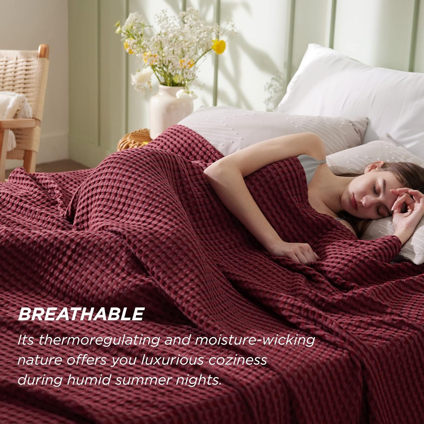 Bedsure Cooling Cotton Waffle King Size Blanket - Lightweight Breathable Blanket of Rayon Derived from Bamboo for Hot Sleepers, Luxury Throws for Bed, Couch and Sofa, Burgundy, 104x90 Inches