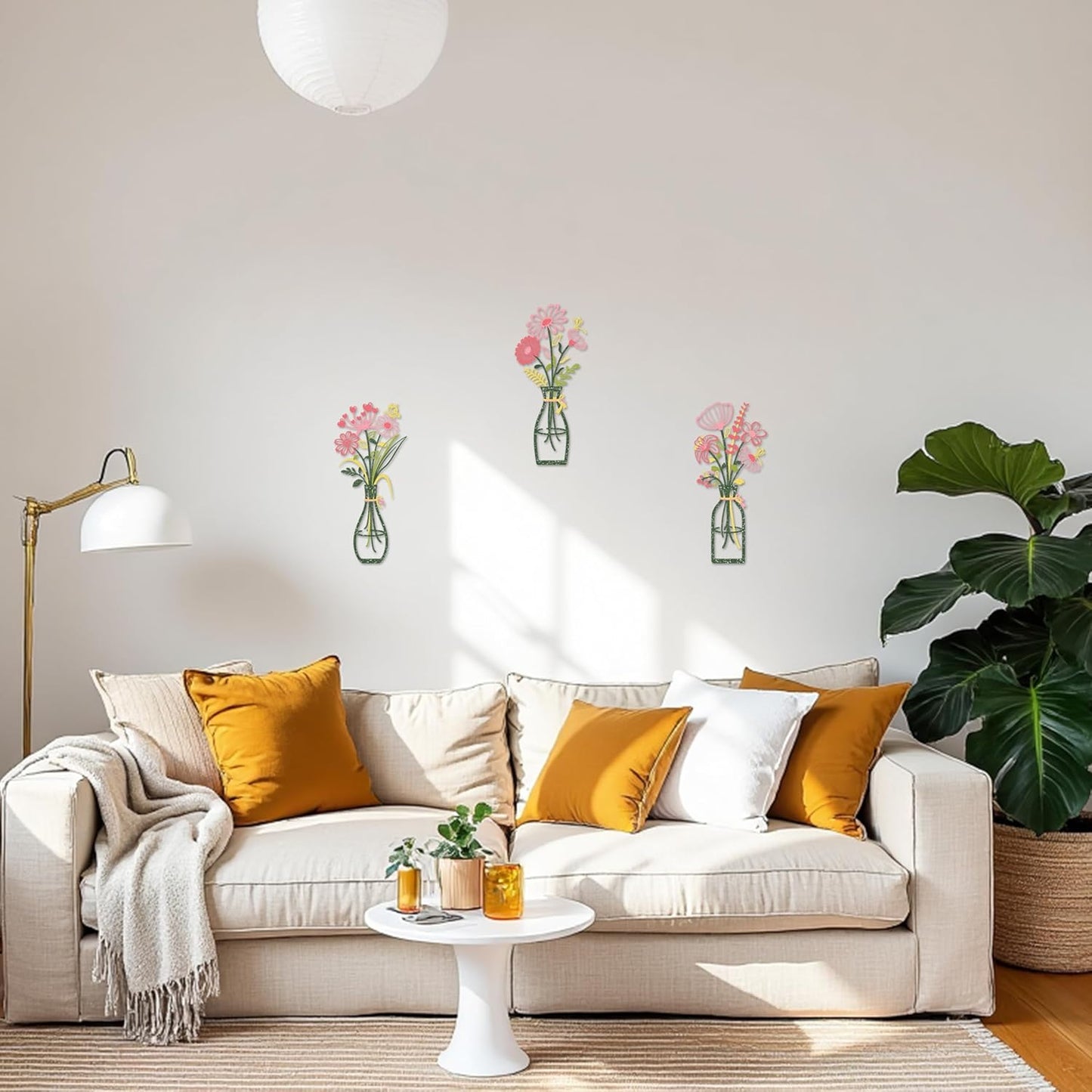 Iron Metal Vase Flower Wall Art Set of 3 - Minimalist Black Floral Decor for Living Room Bedroom Kitchen, Office Garden - Modern Farmhouse Home Decor & Housewarming Gifts (Green-Pink)