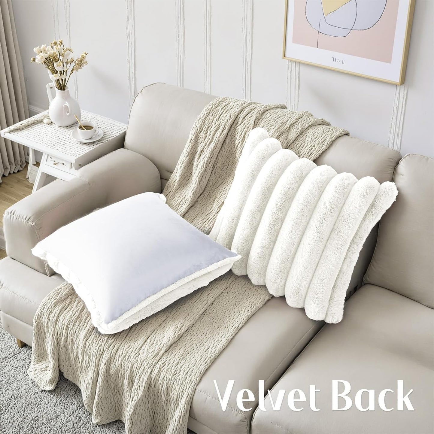 HAUSSY Faux Fur Throw Pillow Covers 18x18 Inch Set of 2,Decorative Striped Neutral Pillow Cases Soft Plush Couch Pillow Covers,Home Decor for Sofa,Bed, Living Room,Cream White