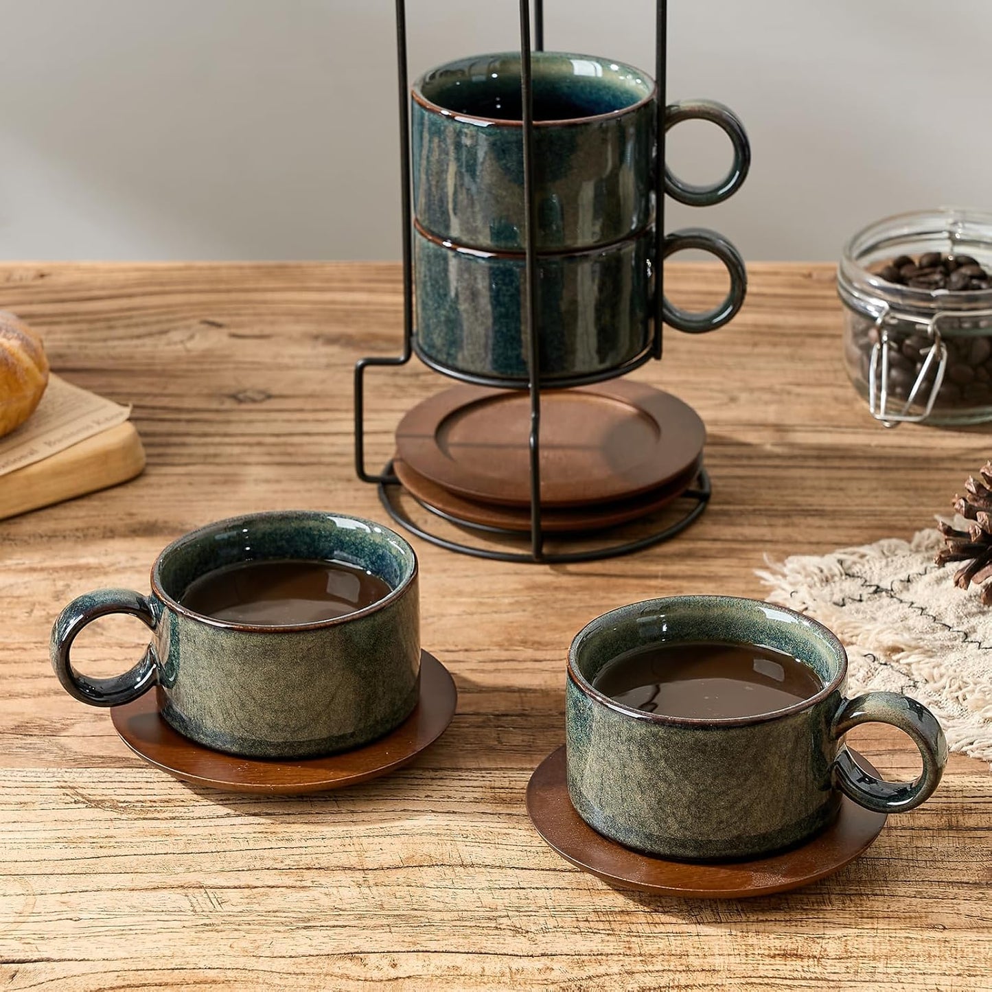 LUKA 6 Ounce Porcelain Stackable Espresso Cups with Saucers and Metal Stand Set of 4, Ceramic Cappuccino Cups Set for Specialty Coffee Drinks, Latte, Cafe Mocha and Tea, Reactive Dark Green