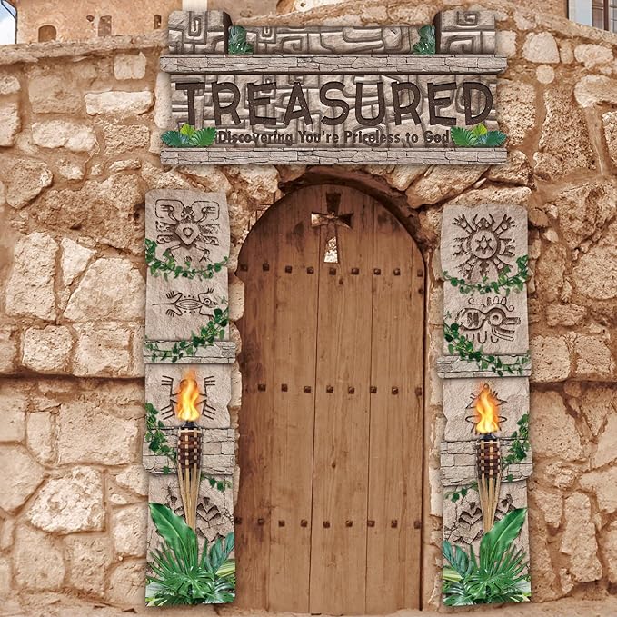 3 Pcs Jungle Safari Treasure Door Decorations Treasure Adventure Hunt Porch Banner Tropical Rainforest Leaves Safari Party Hanging Door Banner for Halloween Trunk or Treat Decorations