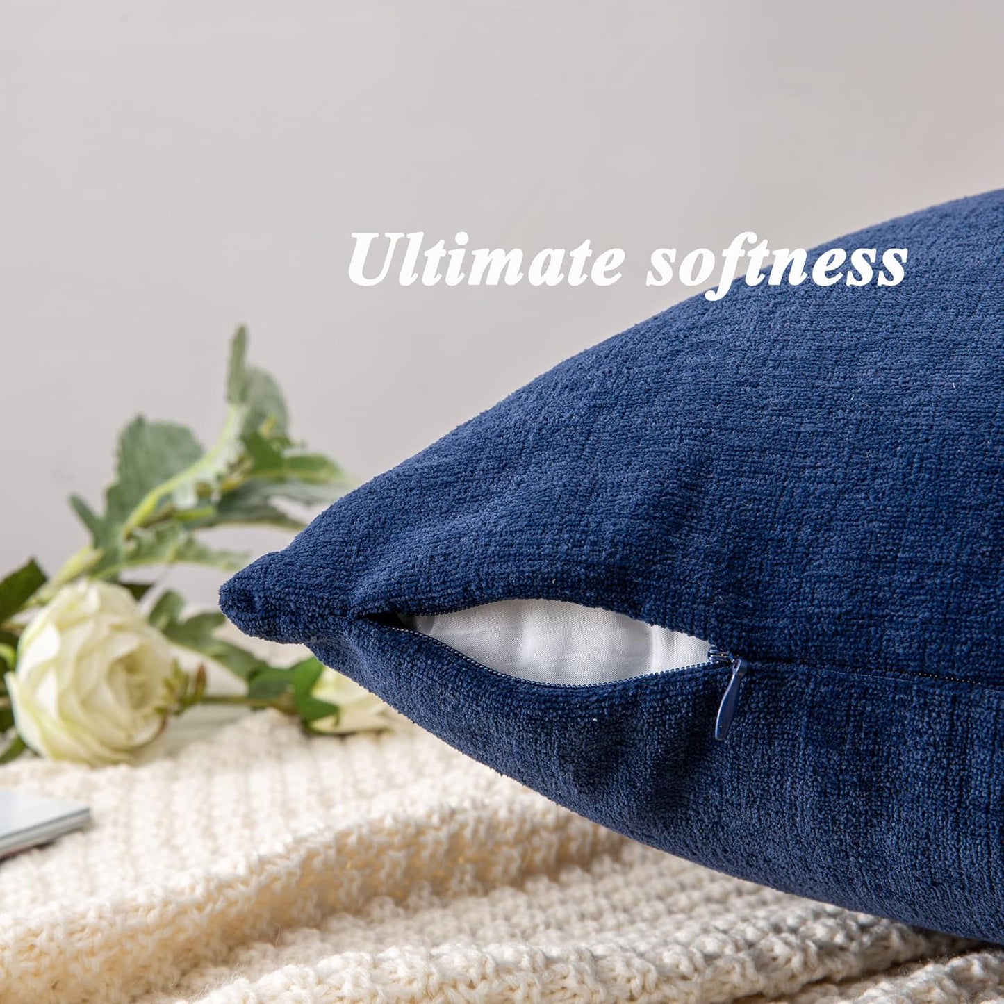 GAWAMAY Decorative Throw Pillow Covers 16x16 Inch Set of 2, Super Soft Chenille Square Pillows Farmhouse Fall Pillowcase for Living Room Bedroom Sofa Couch Cushion Cover Navy Blue 40x40cm