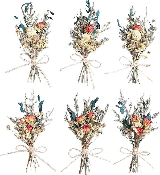 xin's convey Mini Dried Flower Bouquet (Pack of 6), Rose Bouquets, Party Favours, Bohemian Plate Decoration, Birthday Cake Dried Flower Gift Box Companion, Photography Props (Rose)