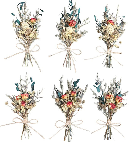 xin's convey Mini Dried Flower Bouquet (Pack of 6), Rose Bouquets, Party Favours, Bohemian Plate Decoration, Birthday Cake Dried Flower Gift Box Companion, Photography Props (Rose)
