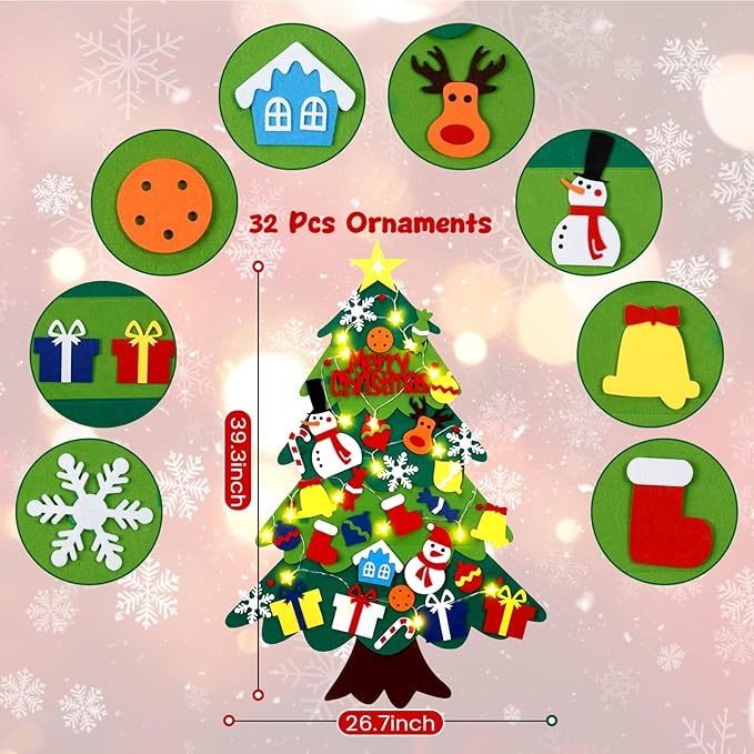 3.2 Ft Felt Christmas Tree for Toddlers with 32 Detachable Ornaments and String Lights, Xmas Gifts, Door Wall Hanging Decorations Indoor