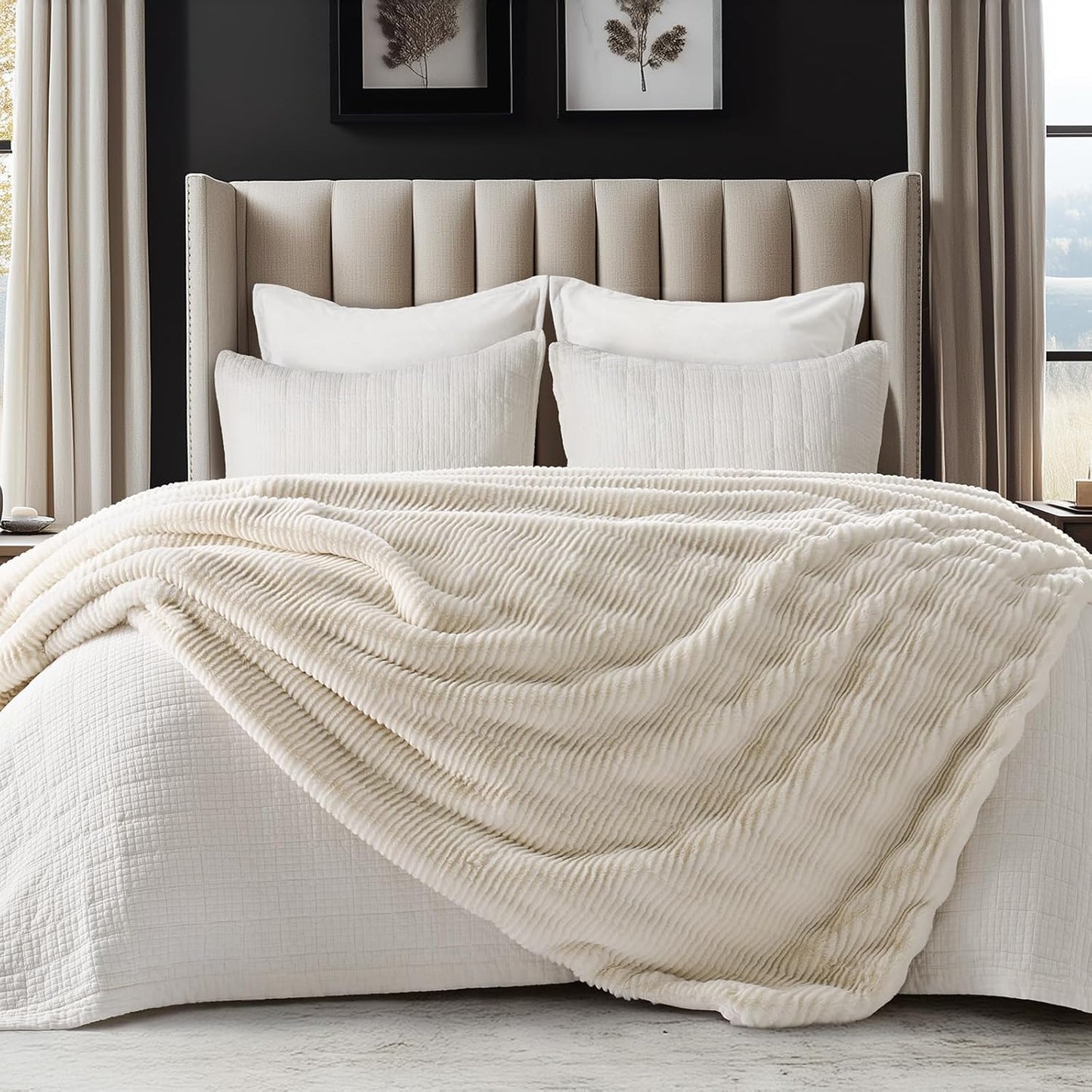 EVERGRACEHOME Ultra Soft Faux Fur Throw Blanket for Couch, Luxury Sculpted Texture Faux Rabbit Fur Blanket for Bed, Fluffy Thick Plush Warm Fuzzy Throw, 920GSM (Ivory White, 50''x60'')