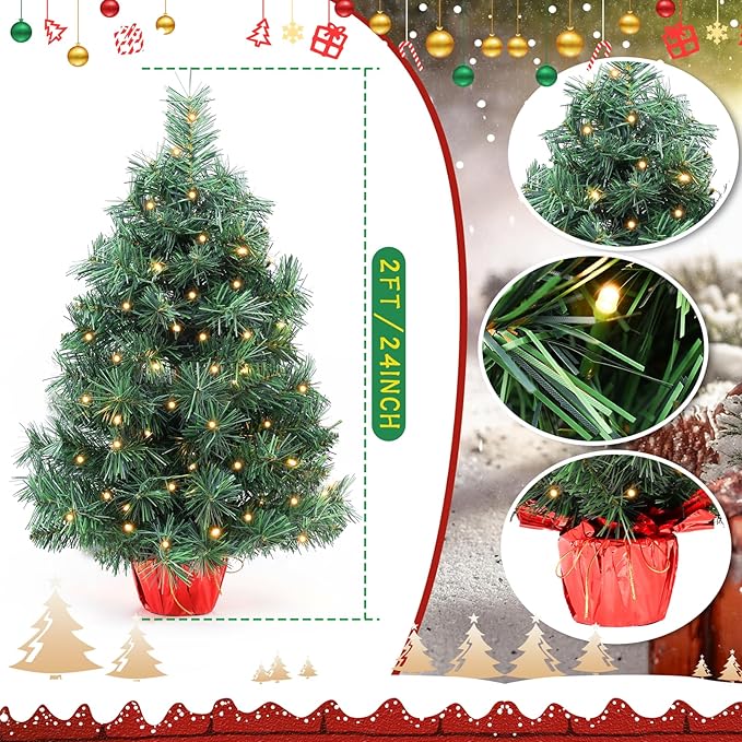 2ft Pre-lit Artificial Mini Christmas Tree,Small Xmas Pine Tree with 50 Lights, Tabletop Christmas Tree Battery Operated Green Xmas Tree for Tabletop