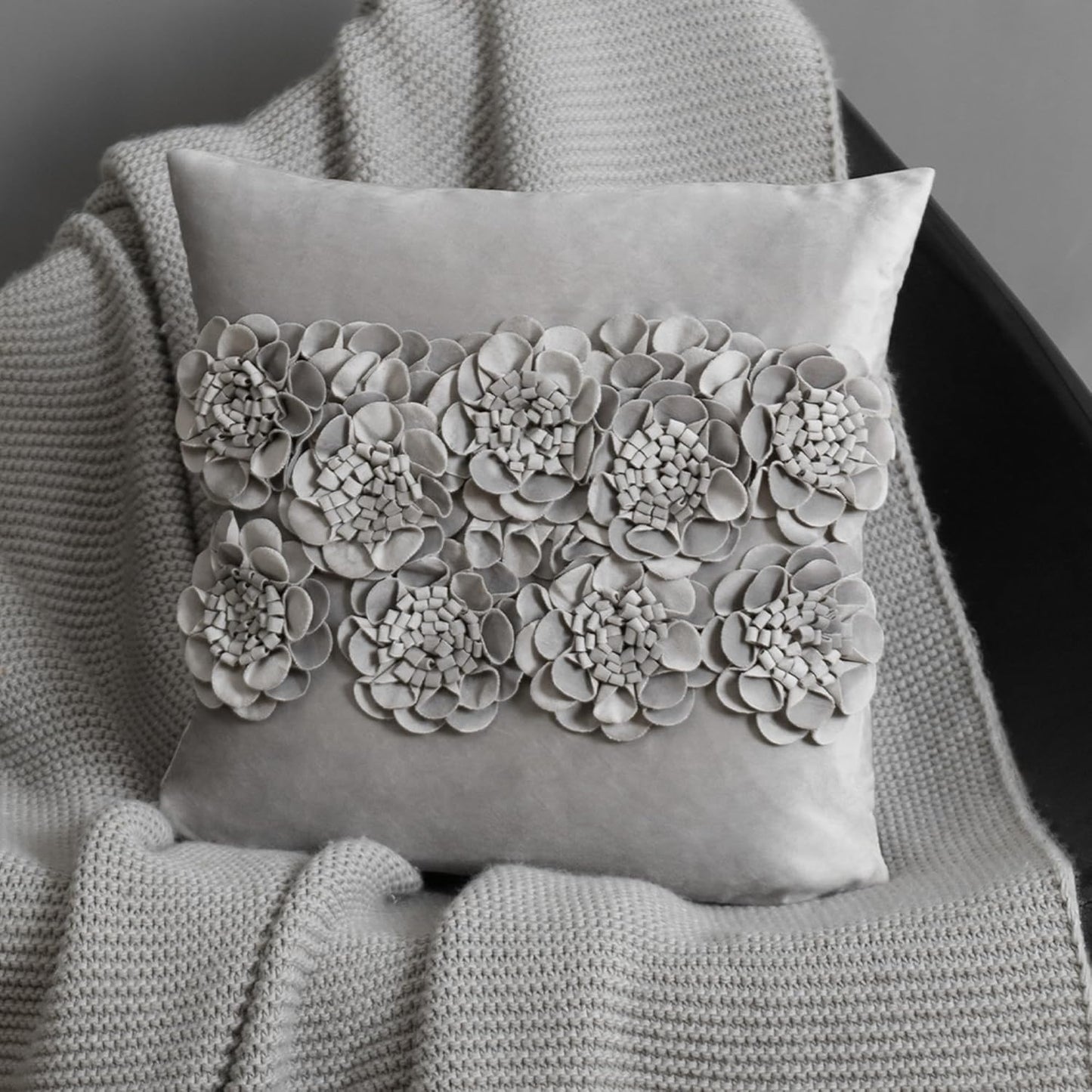 JWH Handmade 3D Flower Throw Pillow Covers Aesthetic Decorative Colorful Floral Accent Pillow Cases Stereo Pillowcase Cute Cushion for Car Bed Couch Bedroom Decor 18x18 Inch Gray
