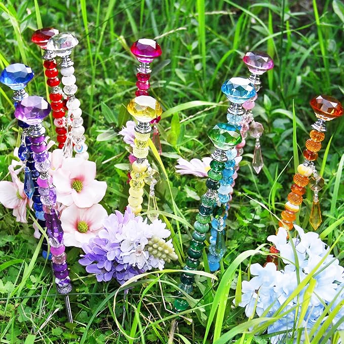 247 PCS Beaded Garden Stakes Kit, DIY Fairy Wand Garden Stake Beads Kits with Assortment Large Hole Beads 10 Crystal Stopper Top Threaded Rods and Sparkling Crystal Pendants for Outdoor Indoor Decor
