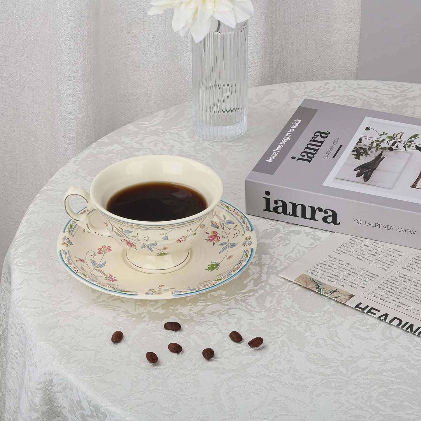 fanquare Vines Floral Tea Cup and Saucer for 1, 6 Ounces Ceramic Coffee Cup with Blue Trim, Colorful Leaves Teacups for Milk Cappuccino Latte Women and Tea Parties