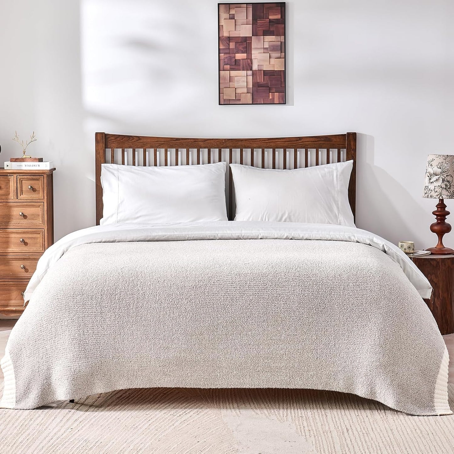 CozeCube Super Soft Fullfy Microfiber Reversible Knitted Blankets, Warm Cozy Fuzzy Plush Throw, Grey and White Melange Throw Blanket for Couch Bed Sofa, 60" x 80"