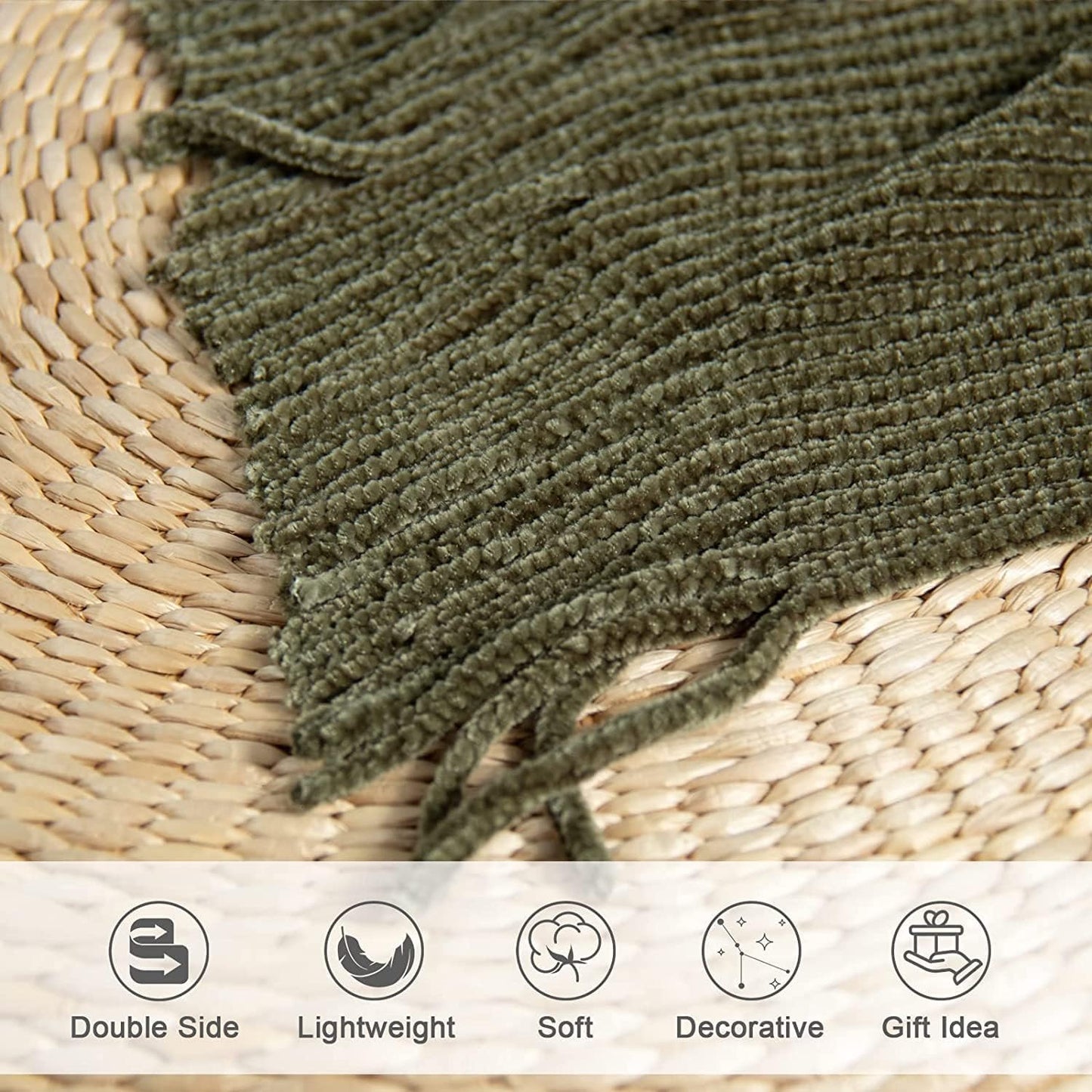 lifein Throw Blanket for Couch, Soft Green Boho Decor Bed Throw,Cozy Knitted Chenille Farmhouse Lightweight Throw (Olive Green,60 * 80")